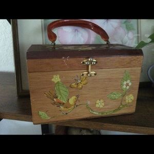 70’s wood purse, yellow lining , near perfect condition.